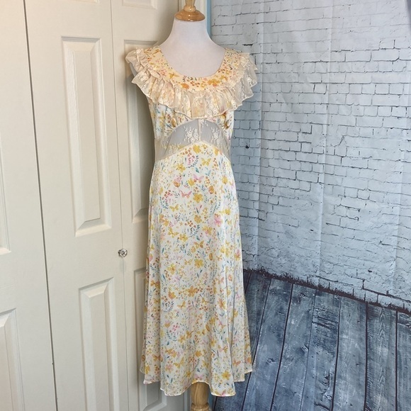 Simple Retro Dresses & Skirts - Simple Retro Romantic Flounce Sleeve Lace Detail Floral Slip Dress M Cottage
